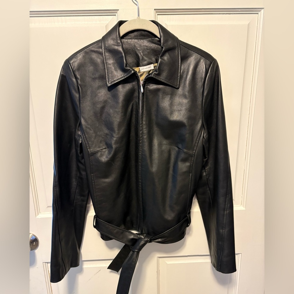 Olly London smooth collared zip up black leather tie jacket coat women m medium